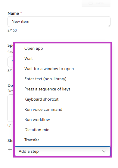 Screenshot des Dropdown-Menüs für Schrittarten in den Workflows von Dragon Copilot, wobei die Optionen für die Schrittarten hervorgehoben sind.