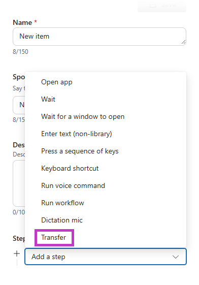 Screenshot des Dropdown-Menüs für Schrittarten in den Workflows von Dragon Copilot, wobei der Schritt „Transfer“ hervorgehoben ist.