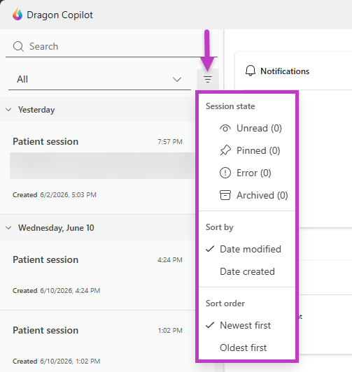 Screenshot der Patientenliste mit geöffnetem Menü „Filter“.