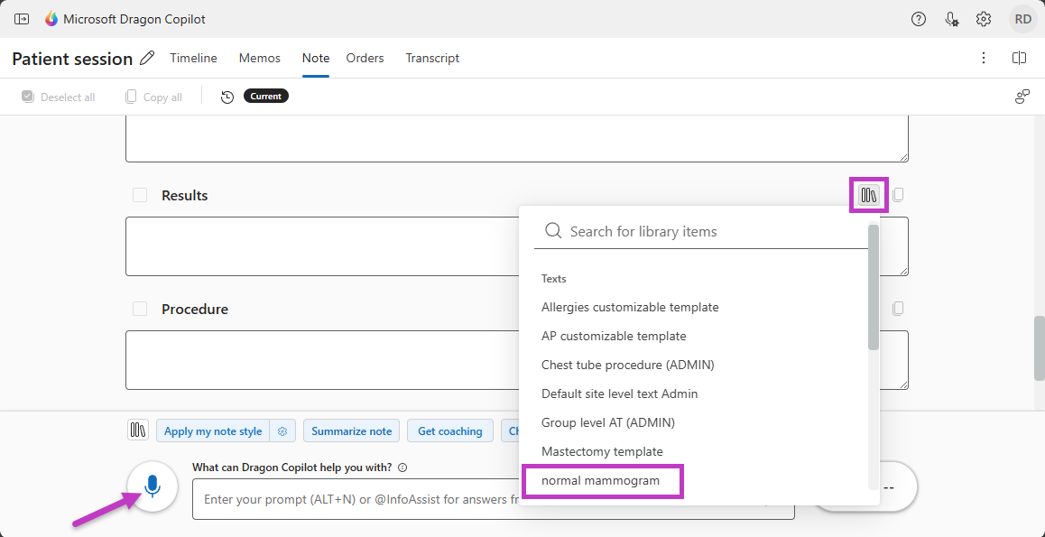 Das Bibliothekssymbol und ein gespeicherter Text sind hervorgehoben, der Pfeil zeigt auf das Mikrofon.