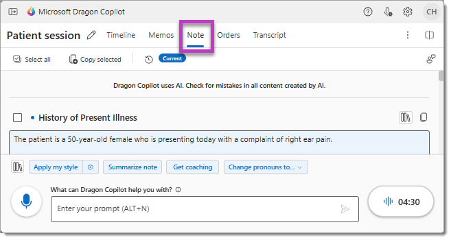 Die Registerkarte Notiz.