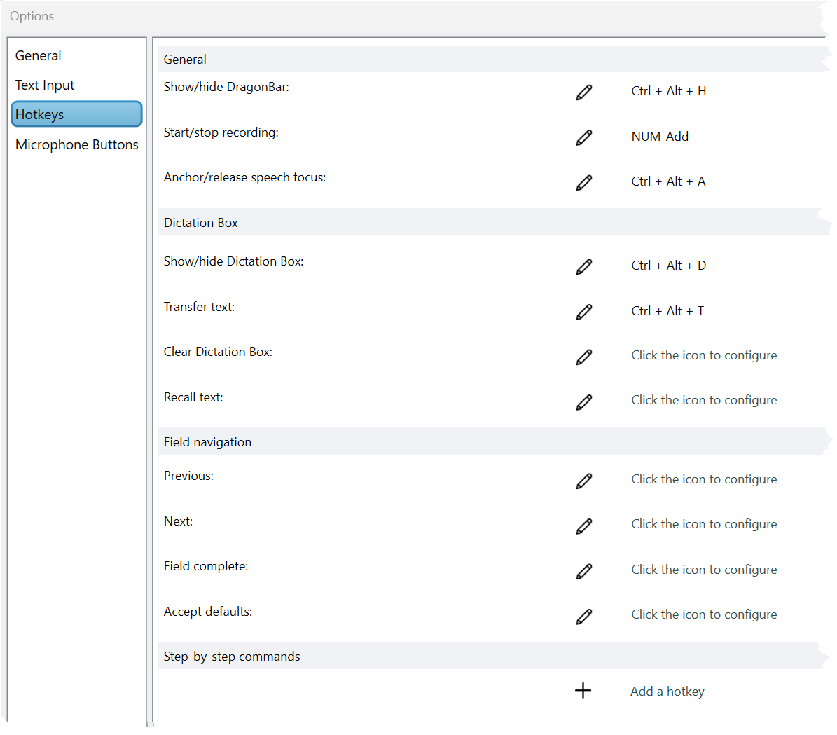 Optionen > Fenster „Tastenkombinationen“