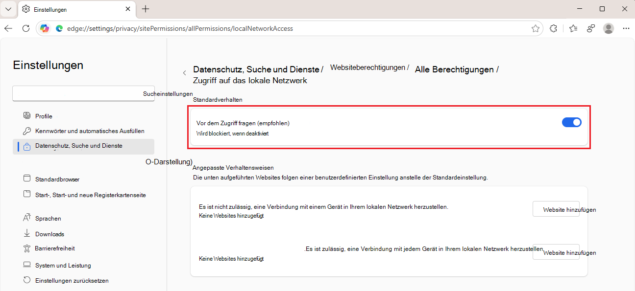 Screenshot des Umschalters für den lokalen Netzwerkzugriff