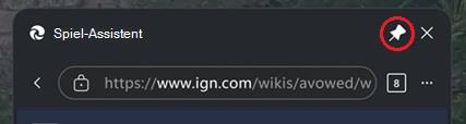 Eine Nahaufnahme des Microsoft Edge Game Assist-Headers mit rot eingekreisten Symbol zum Anheften/Lösen (neben schließen).