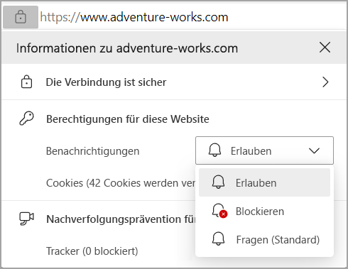 Abbildung der Benachrichtigungsberechtigungen in der Adressleiste des Edges-Browsers.