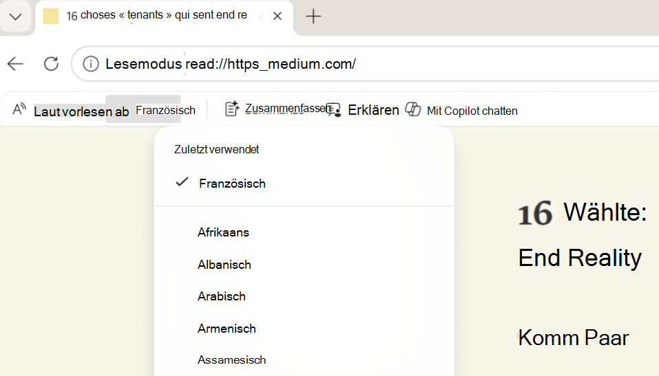 Screenshot: Übersetzen im Lesemodus.