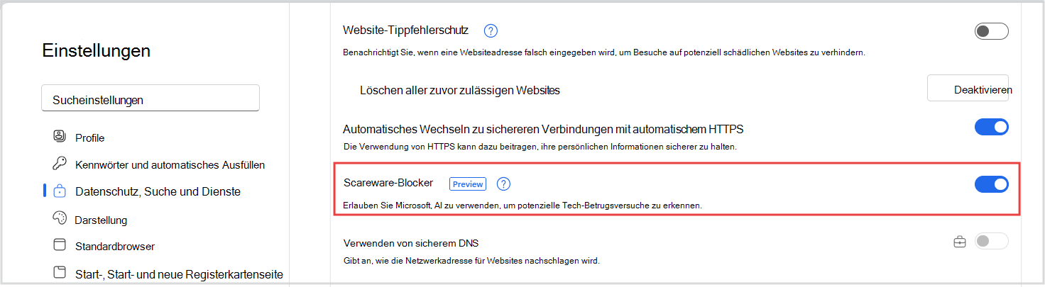 Screenshot der Scareware-Umschaltfläche in den Edge-Einstellungen