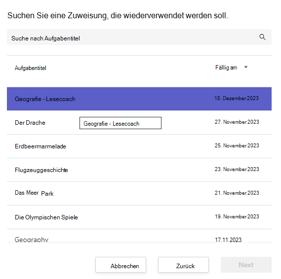 Screenshot: Suchen einer Zuweisung, die wiederverwendet werden soll