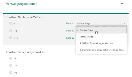 Screenshot: Auswählen einer Frage, mit der eine Verzweigung ausgeführt werden soll