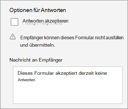 Screenshot der Quiz-/Formulareinstellung, dass das Quiz keine Antworten akzeptiert. Enthält Nachrichten an Empfänger.