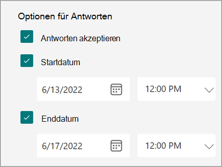 Screenshot der Formular-/Quizeinstellungen, in denen Benutzer ein Start- und Enddatum für Antworten festlegen können.
