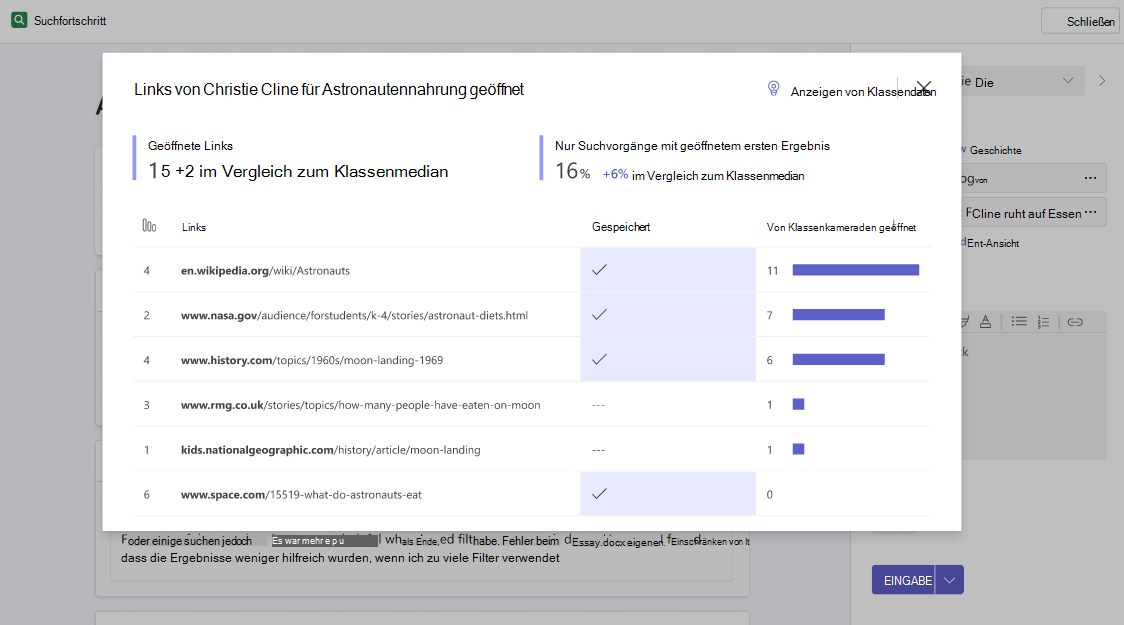 Popupfenster mit einer detaillierteren Übersicht über die Quellen, die von einem Schüler geöffnet wurden, und darüber, wie viele seiner Klassenkameraden dieselben Quellen geöffnet haben.