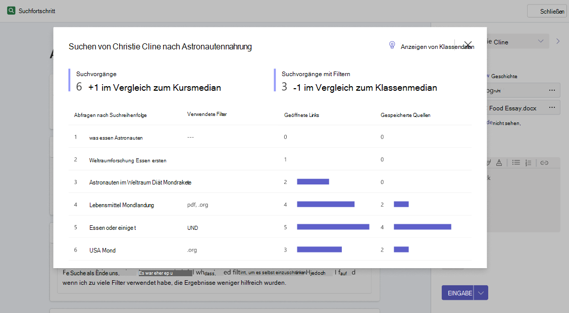 Popupfenster mit einer detaillierteren Übersicht über die Suchvorgänge eines Schülers und den Vergleich der Anzahl dieser Suchvorgänge und der Suchvorgänge mit Filtern zum Klassenmedian.
