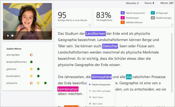 lächelnden weißen Schüler mit rosa Kopfhörern zu öffnen, ist im Videorahmen neben der gelesenen Passage dargestellt. Die Passage ist mit farbcodierten Fehlern gekennzeichnet.