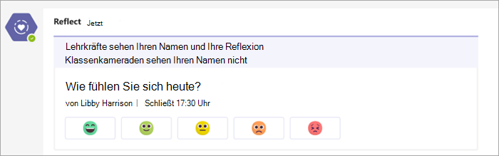 Check-in ein, wie es im Kurs-Teams-Kanal angezeigt wird. 5 Emoji-Schaltflächen, die von sehr bequem bis sehr unbequem unter der Check-in-Frage reichen, wie fühlen Sie sich heute?