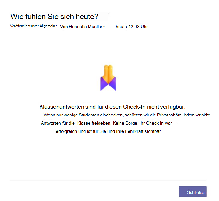 Screenshot der Kursteilnehmeransicht, wenn ein Check-In nicht freigegeben werden kann, weil zu wenige Kursteilnehmer geantwortet haben. Es wird erläutert, dass wir aus Datenschutzgründen keine Freigaben machen.