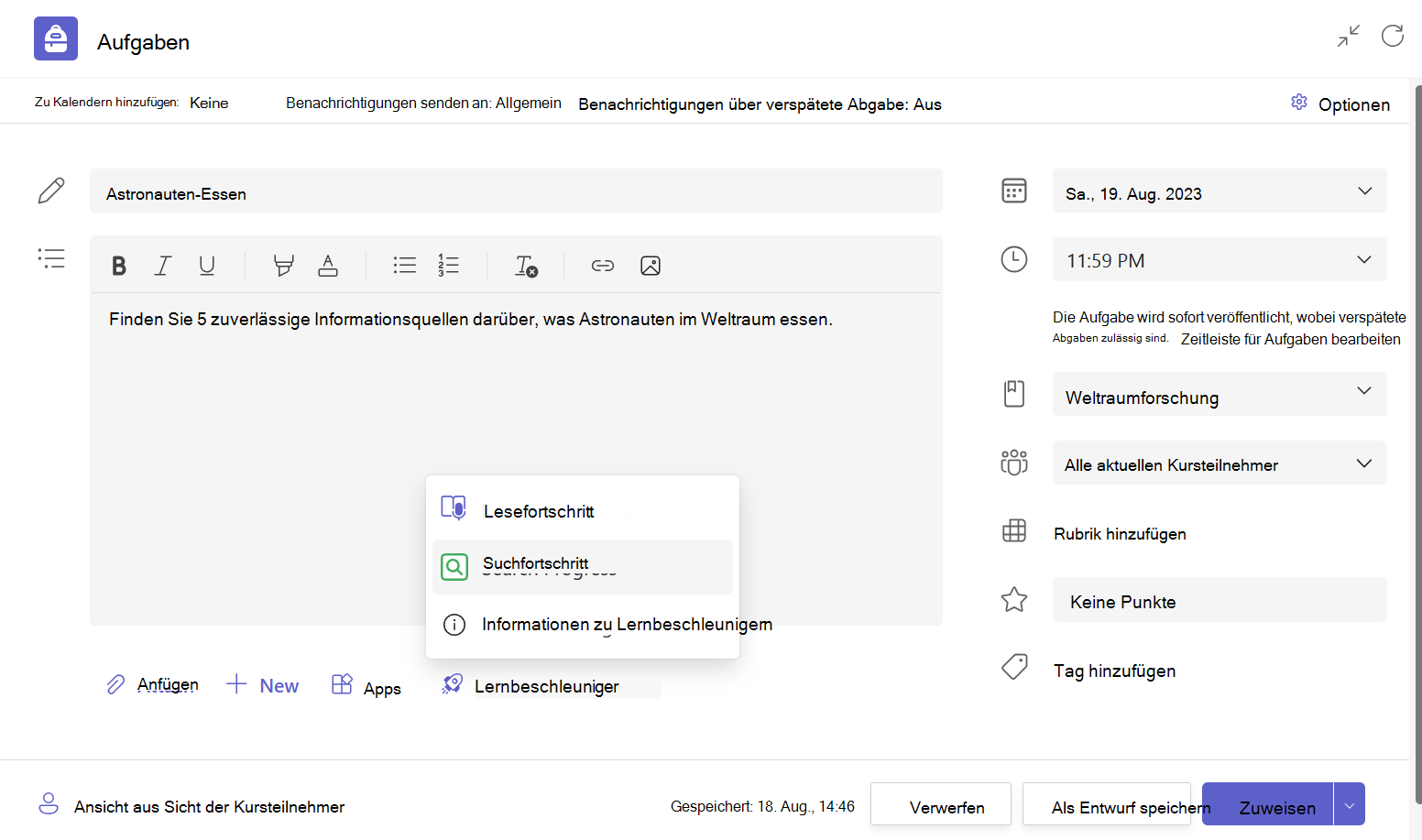 Screenshot eines Aufgabenentwurfs in Teams Education mit erweitertem Menü 