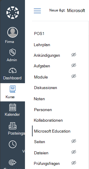 Auswählen von Microsoft Education im Canvas-Kursnavigationsmenü