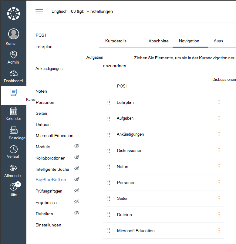 Links zur Kursnavigation für Microsoft Education in Canvas aktivieren