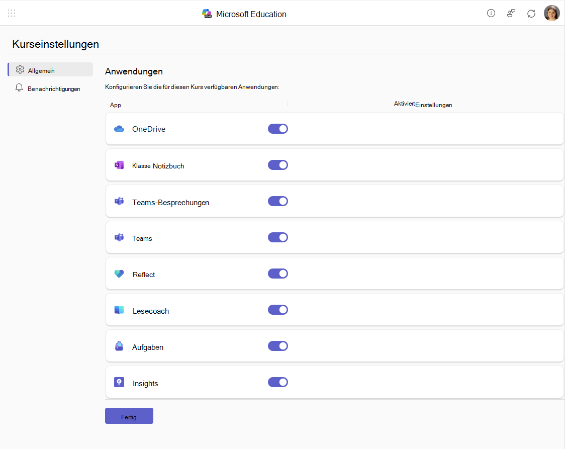 Microsoft Education-Kurseinstellungen