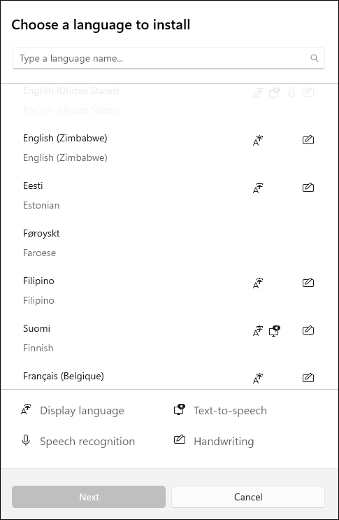 Screenshot der Sprachpakete, die in Windows 10 Einstellungen heruntergeladen werden können.