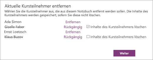 Öffnen Sie Aktuelle Kursteilnehmerliste entfernen, wobei die Namen der Kursteilnehmer ausgewählt sind. Ein Kontrollkästchen neben dem Namen eines ausgewählten Kursteilnehmers lautet Inhalt von Kursteilnehmern löschen.