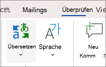 Screenshot in Microsoft Word der Auswahl von Überprüfen und dann Übersetzen
