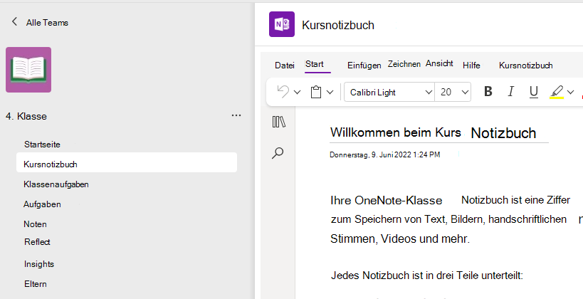 Screenshot: Einrichten des Kursnotizbuchs
