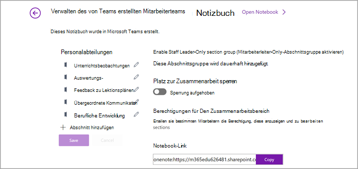 Screenshot der Einstellungsverwaltungsseite 