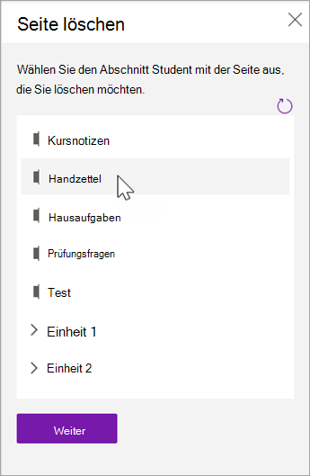 Wählen Sie den Kursteilnehmerabschnitt mit der Seite aus, die Sie löschen möchten.