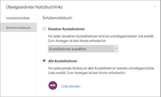 Erstellen Sie schreibgeschützte Links für einzelne Kursteilnehmer-Notizbücher.