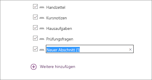 Überprüfen Sie die Abschnitte des Notizbuchs im Kursnotizbuch-Assistenten, einschließlich Handzetteln.