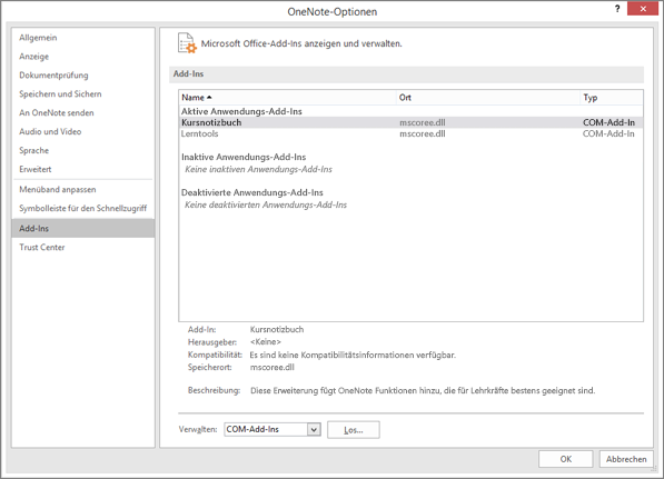 Fensterbereich zum Verwalten von Office-Add-Ins, wobei 