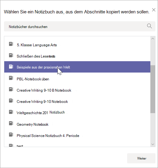Wählen Sie ein Notizbuch aus, aus dem Abschnitte kopiert werden sollen.