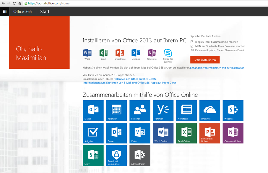 Screenshot der Vorgehensweise zum Installieren von Office 365 auf einem PC