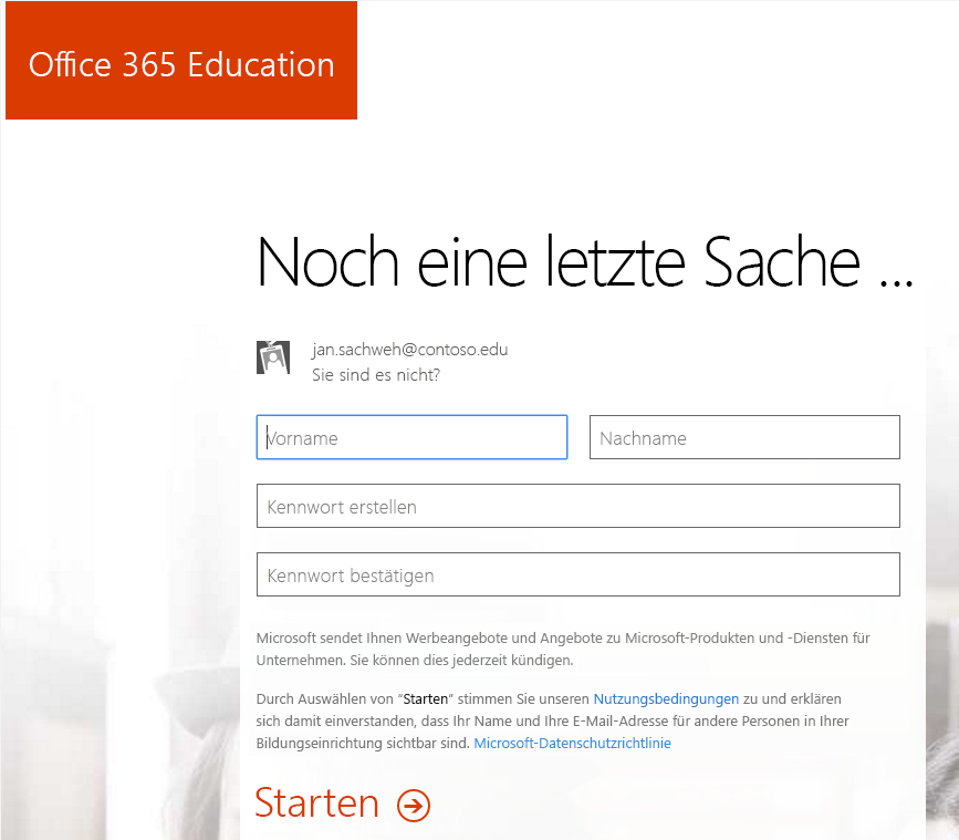 Screenshot der Seite zum Erstellen von Kennwörtern für den Registrierungsvorgang in Office 365