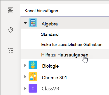 Screenshot: Auswählen des Teamkanals für Ihren Kurs
