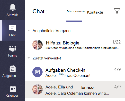 Screenshot: Auswählen von Chat in der App-Leiste
