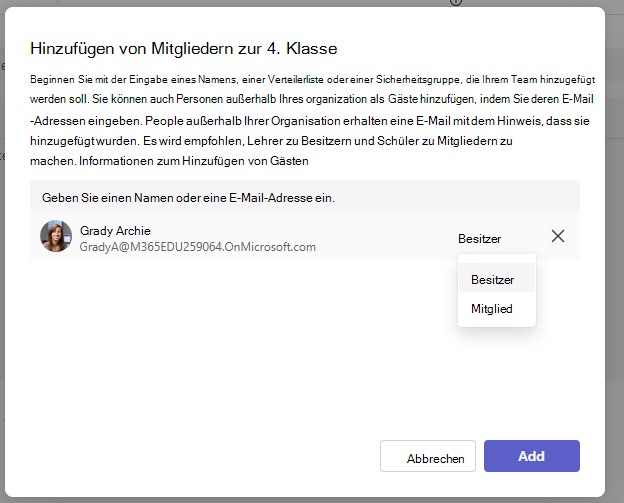 Screenshot: Hinzufügen des Besitzers