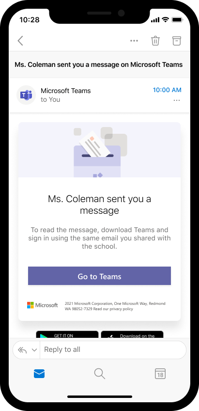 Screenshot: E-Mail auf einem mobilen Gerät, auf dem Eltern zum Öffnen einer Nachricht für Lehrkräfte in Teams eingeladen werden.