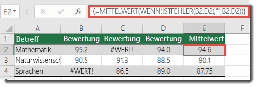 Matrixfunktion in MITTELWERT zum Beheben des #WERT!-Fehlers