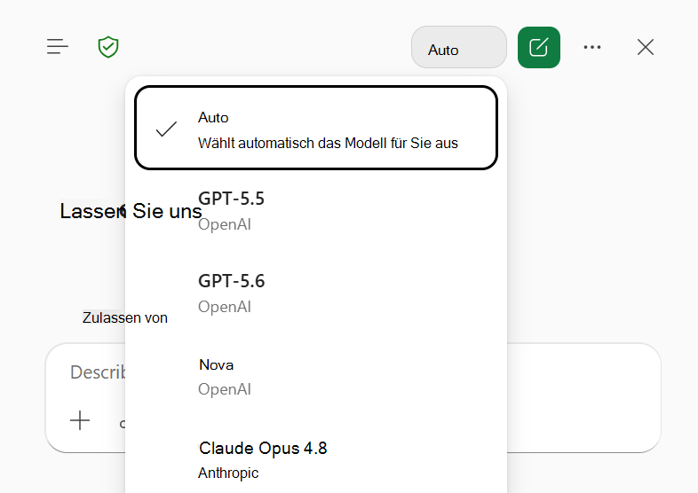 Screenshot des Menüs der Modellauswahl in Copilot in Excel mit ausgewählter Option 