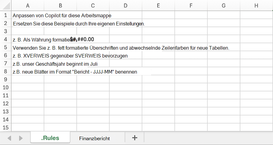 Screenshot einer Copilot-Arbeitsmappe in Excel mit einem Beispiel . Arbeitsblatt 