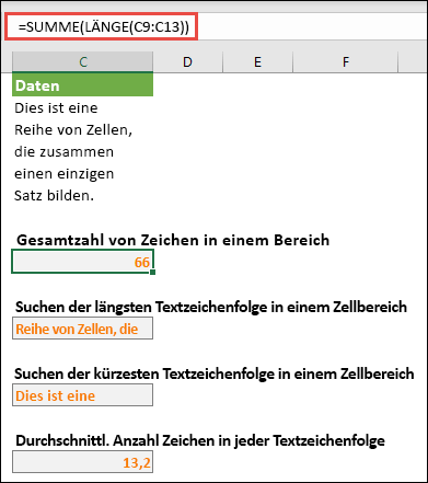 Zählen Sie die Gesamtanzahl der Zeichen in einem Bereich und in anderen Matrizen zum Arbeiten mit Textzeichenfolgen