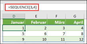 Erstellen einer Matrixkonstante mit 3 Zeilen und 4 Spalten mit =SEQUENZ(3;4)