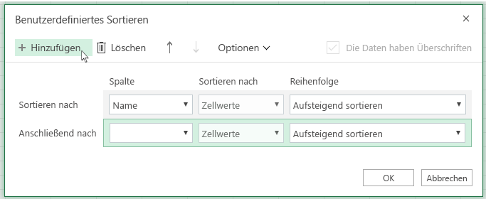 Nachdem Sie auf Weitere Sortierebene hinzufügen geklickt haben, wird in der Liste in der Nähe von Dann nach angezeigt.