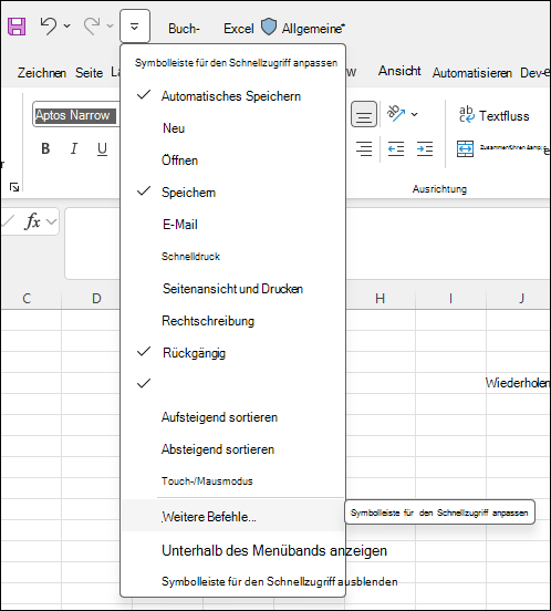 Screenshot, der die Symbolleiste für den Schnellzugriff durch Auswahl weiterer Befehle anpasst.