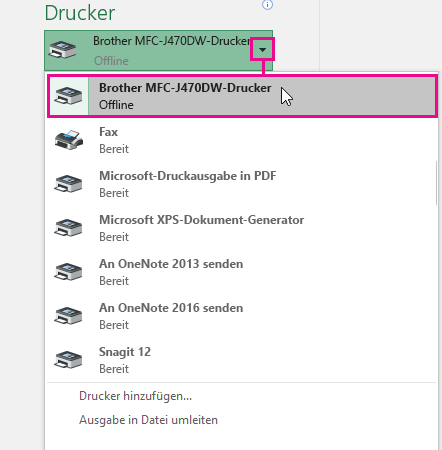 Die Dropdownliste enthält alle verfügbaren Drucker, auf die Sie mit Ihrem Computer zugreifen können. Klicken Sie auf das gewünschte Element.