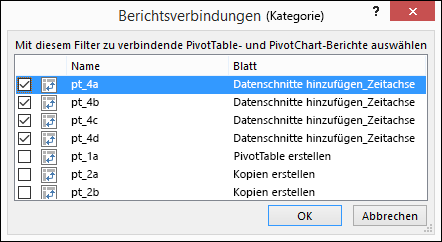 Datenschnittberichtsverbindungen aus Datenschnitttools-Optionen >