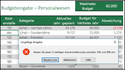 Beispiel für eine ungültige Eingabemeldung